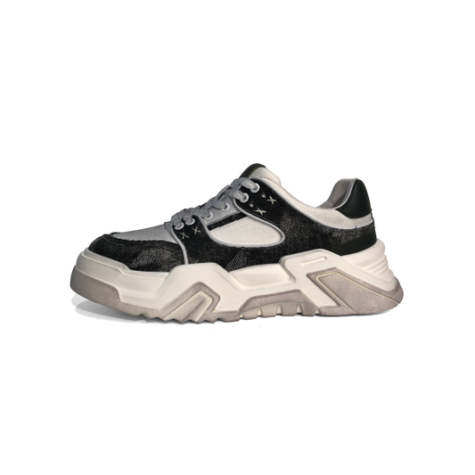 LAILE Two-Tone Canvas Leather Chunky Geometric Platform Skate Sneakers