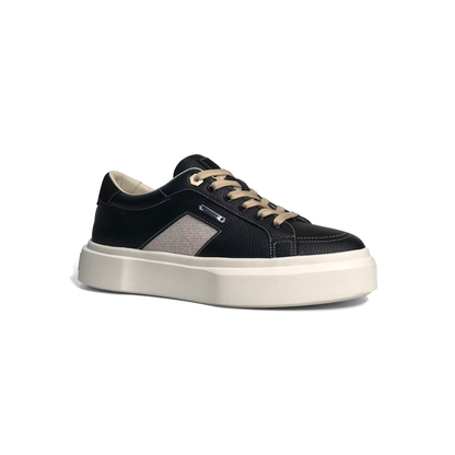 LAILE Pebble Grain Leather & Woven Fabric Hybrid Platform Skate Sneakers